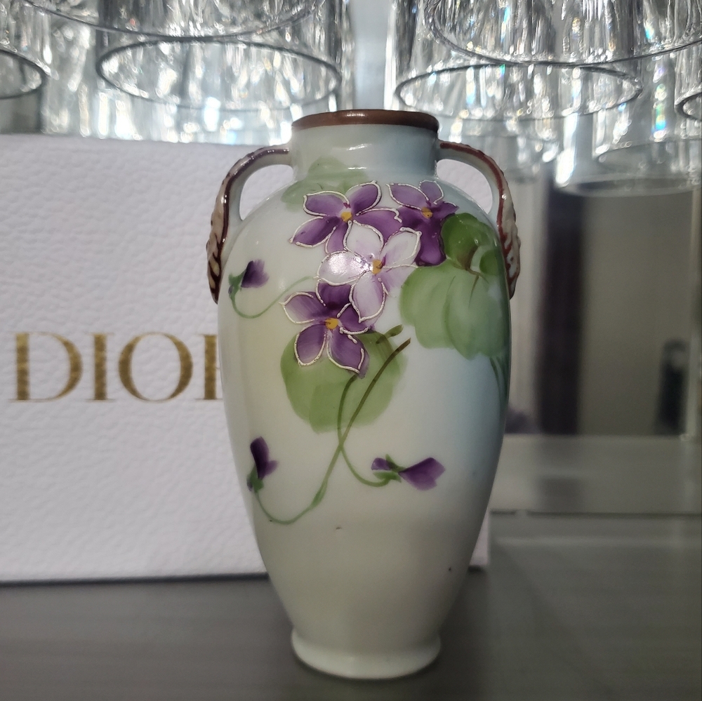 ANTIQUE NIPPON (noritake) Violets Floral Ceramic Vase with Purple Accents